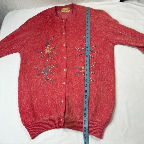 Vintage 1950s Angora Wool KGM Beaded Cardigan Sweater Pink 38 XS/Small - Picture 4 of 10